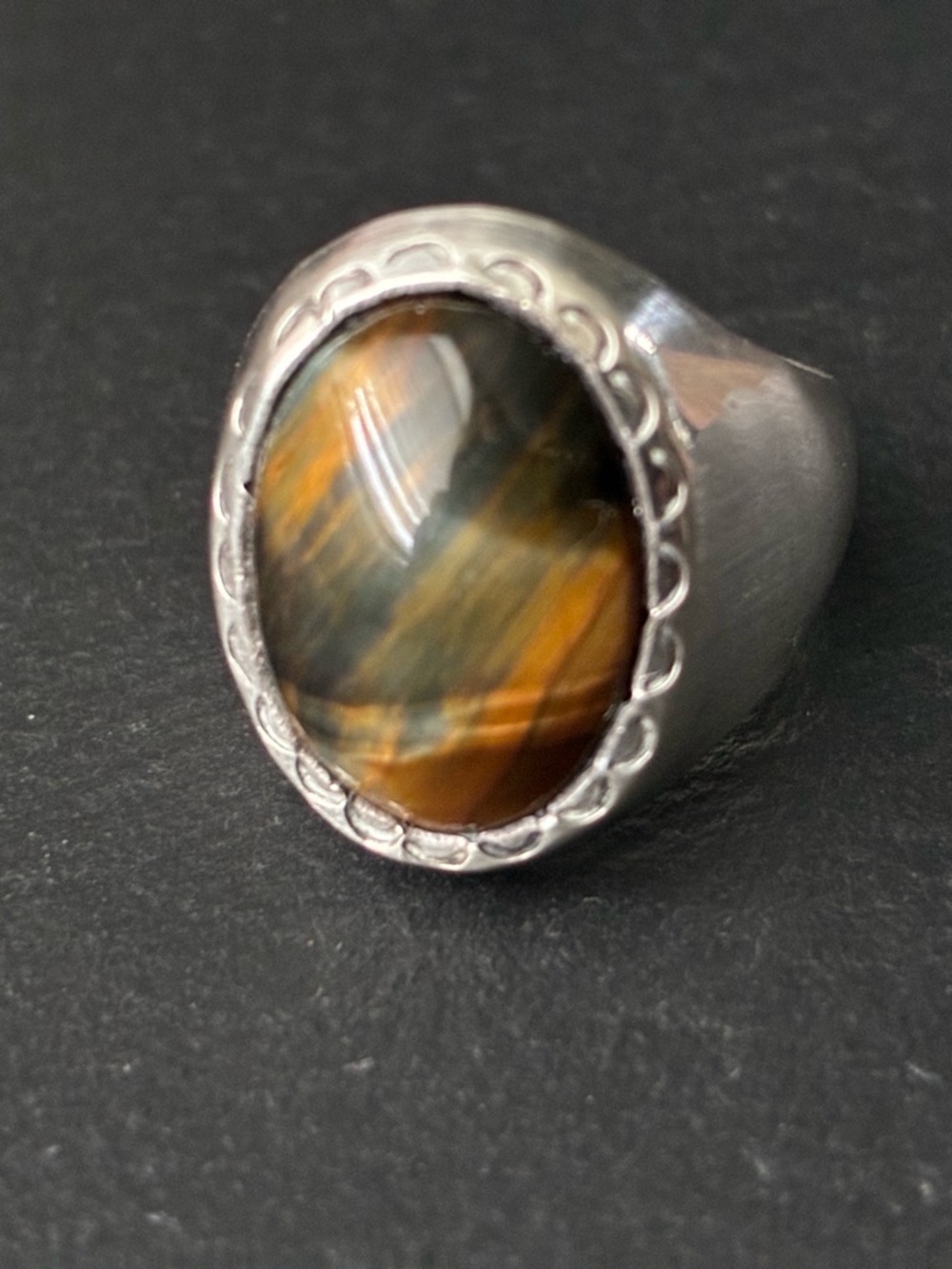 Silver Men's Ring with Brown and Blue Tiger's Eye Stone